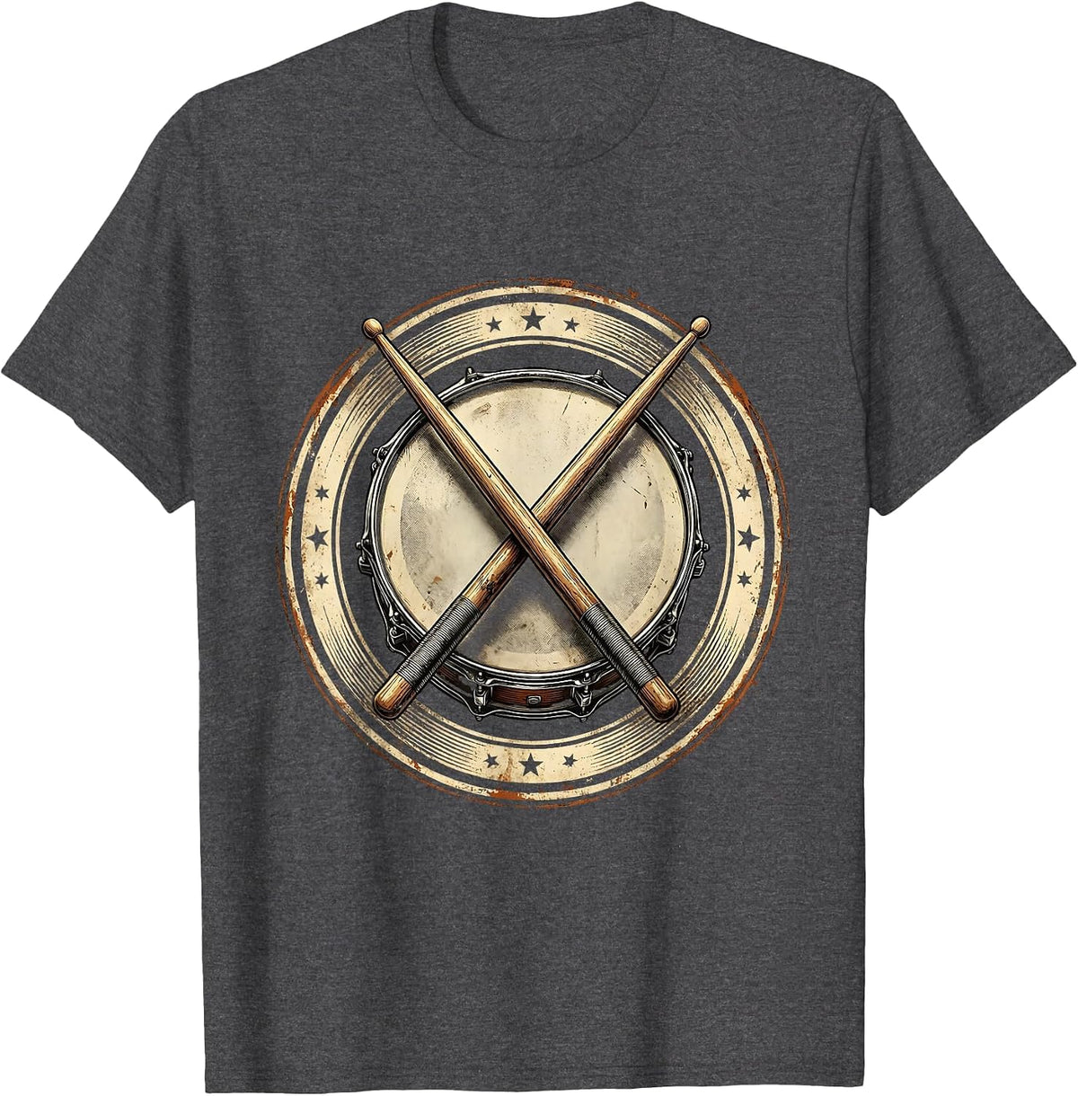 Crossed Drumsticks Snare Drum Rock Band Graphic T-Shirt - Dark Heather Grey