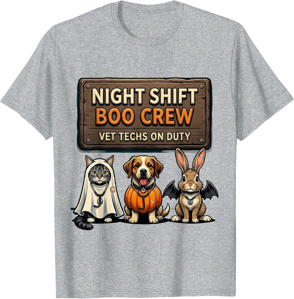 Men's Night Shift Boo Crew, Vet Techs On Duty Funny T-Shirt - Heather Grey