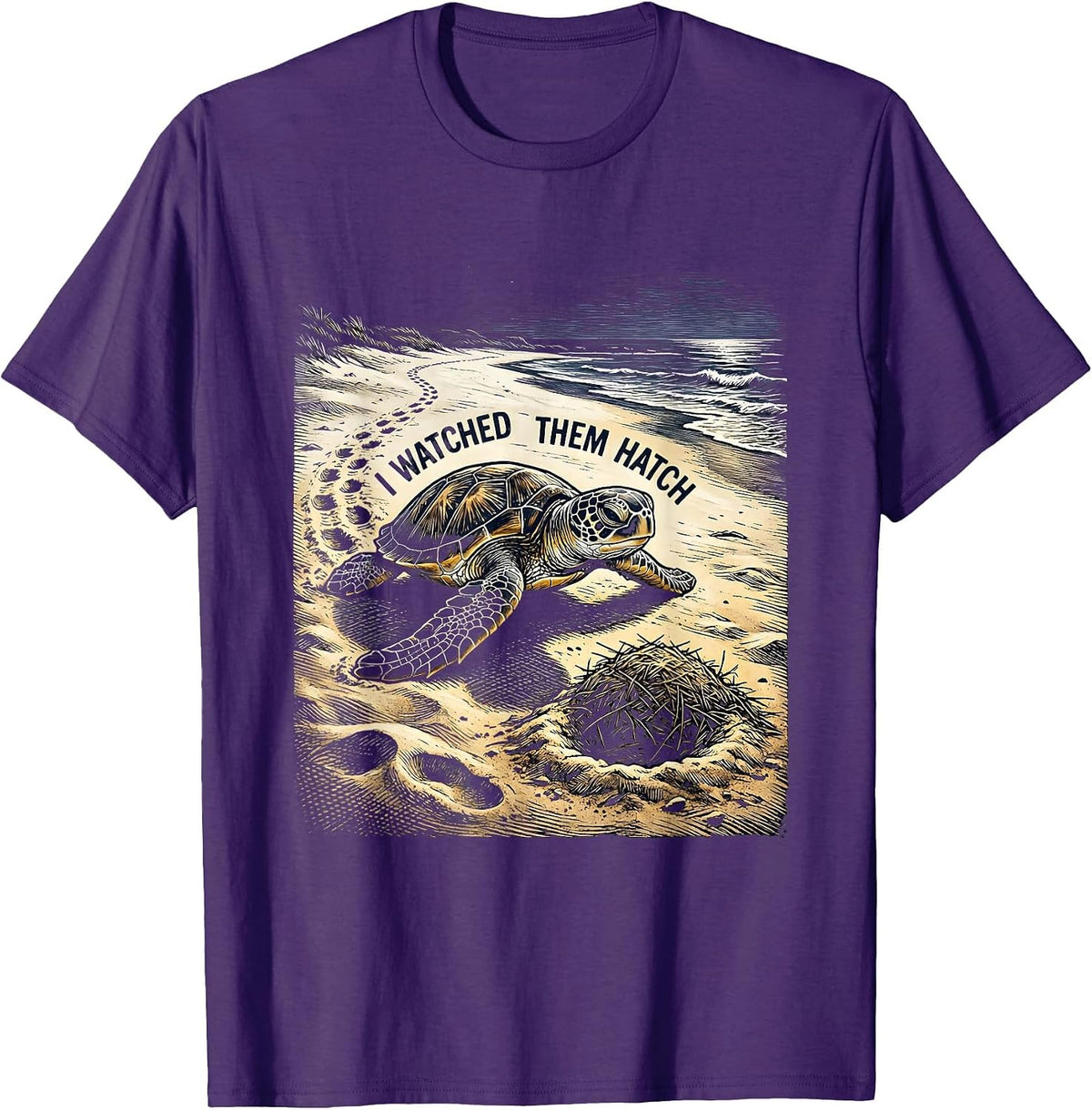 I Watched Them Hatch Woodcut Engraving Sea Turtle Vacation T-Shirt - Purple