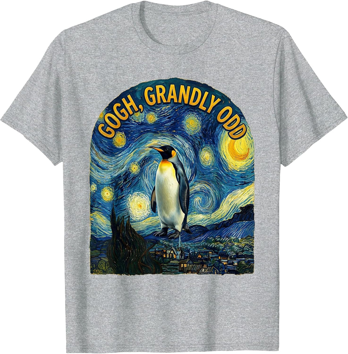 Men's Gogh, Grandly Odd Funny Van Gogh Art Penguin Lover Humor T-Shirt - Heather Grey