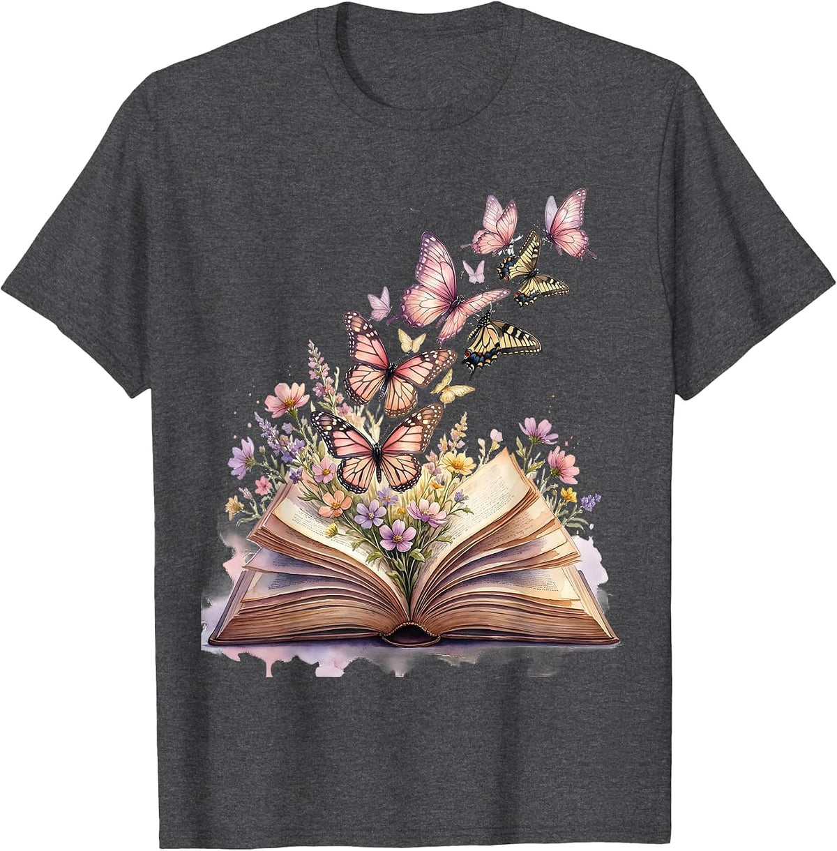 Elementary Teacher Open Book Butterflies Design T-Shirt - Dark Heather Grey