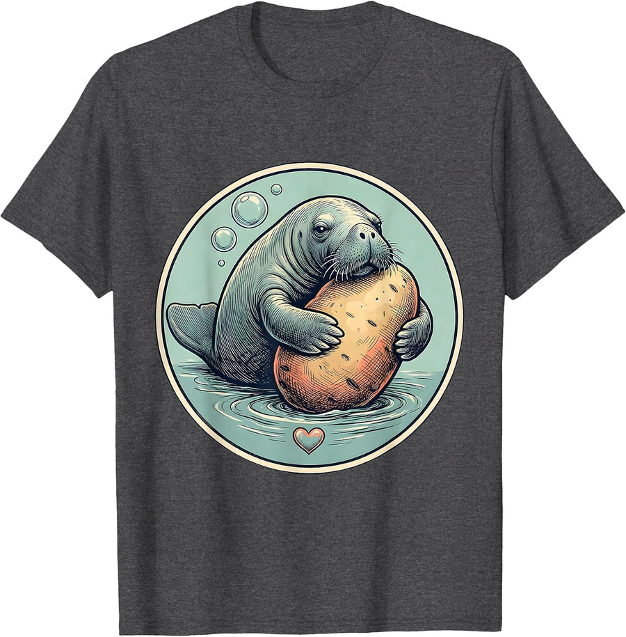 Men's Manatee Hugging Potato Funny Sea Cow Lover Humor T-Shirt - Dark Heather Grey