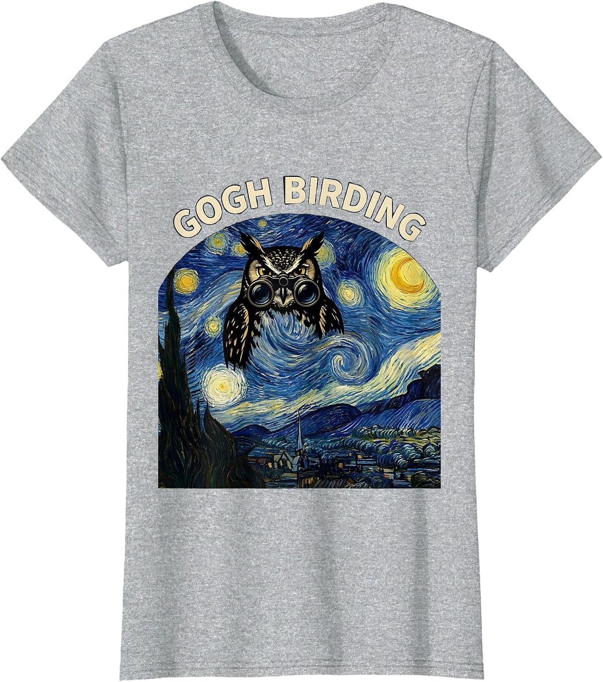 Women's Gogh Birding Funny Owl Van Gogh Starry Night Parody Art T-Shirt - Heather Grey