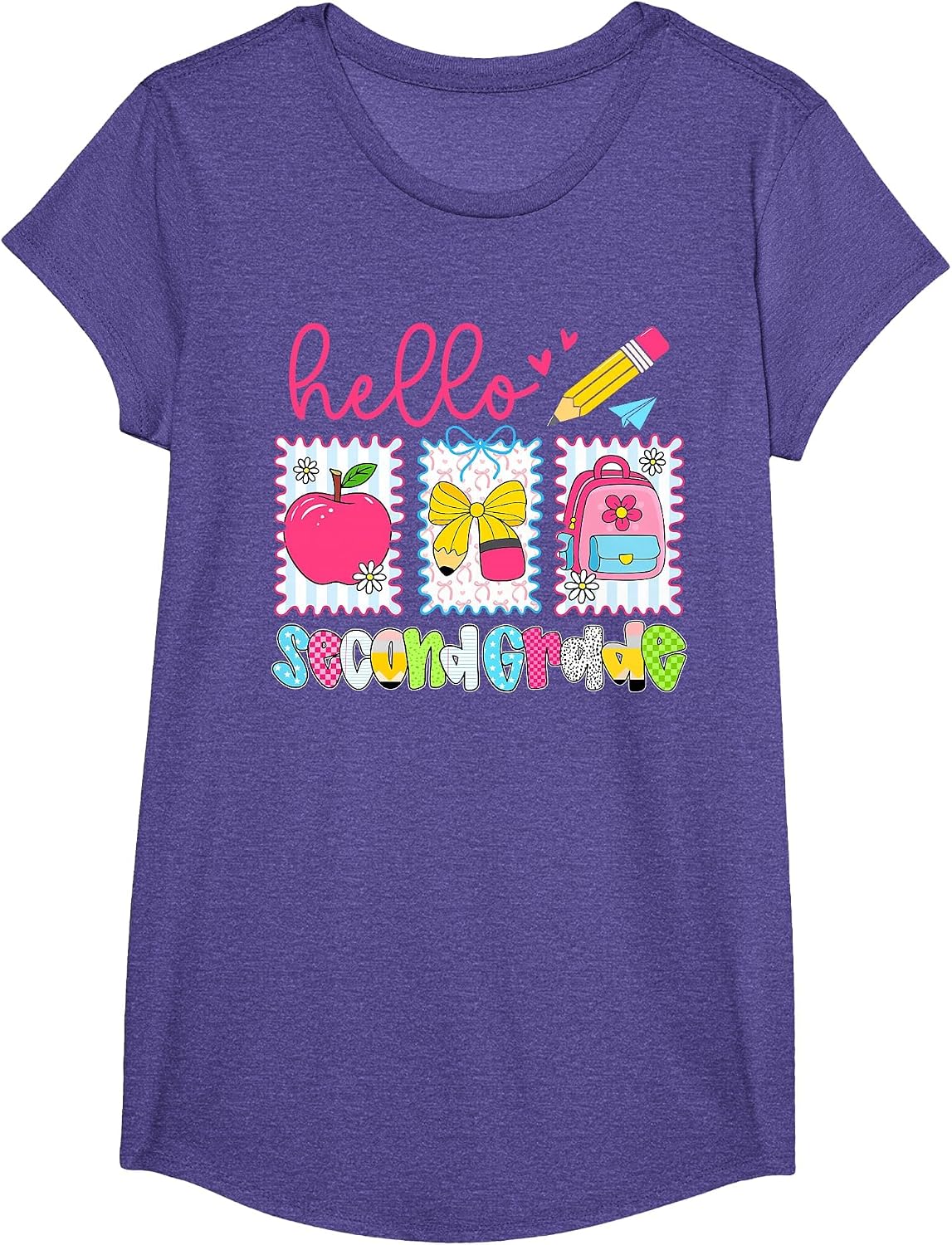 Preppy Hello Second Grade Team Back to School Teachers Kids T-Shirt, Girls, Purple Heather, X-Small - As Pictured