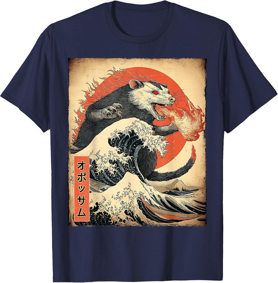 Opossum Possum Kaiju Monster Japanese Vintage Poster T-Shirt - Navy Blue