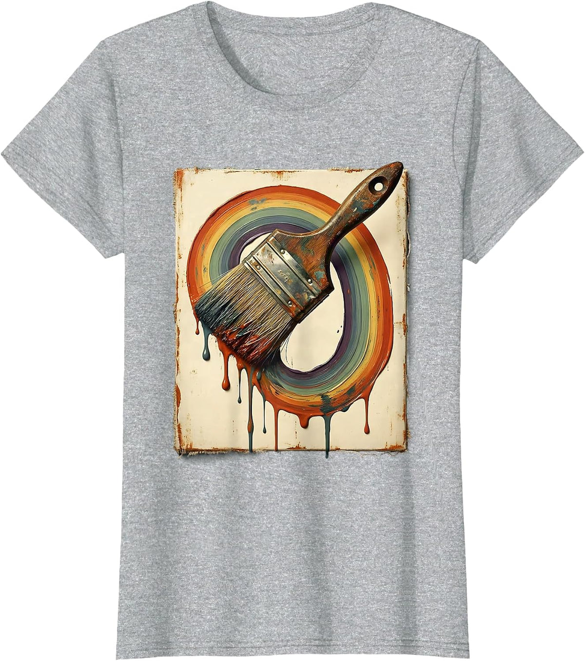 Women's Preschool Teacher Rainbow Paintbrush Canvas Art T-Shirt - Heather Grey