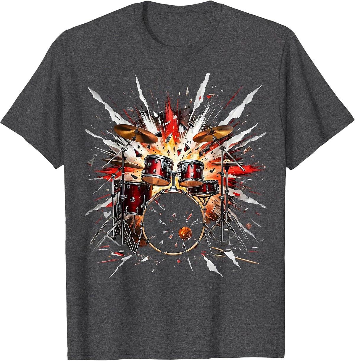 Men's Exploding Drum Kit Firework Burst Music Art T-Shirt - Dark Heather Grey