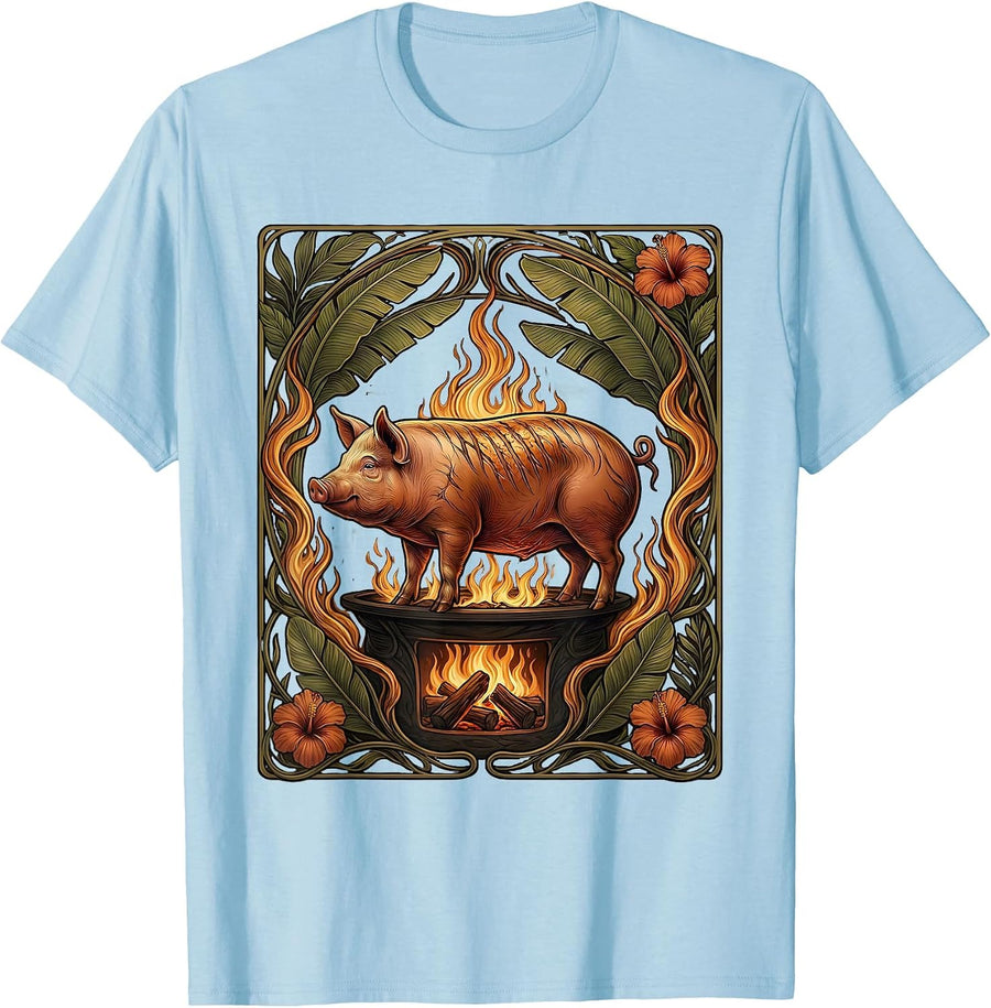 Men's Filipino Lechon Roasted Pig Over Open Fire Pit T-Shirt - Baby Blue