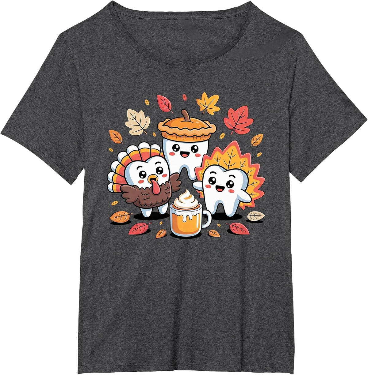 Teeth Pumpkin Turkey Coffee Fall Dental Squad Thanksgiving T-Shirt - Dark Heather Grey