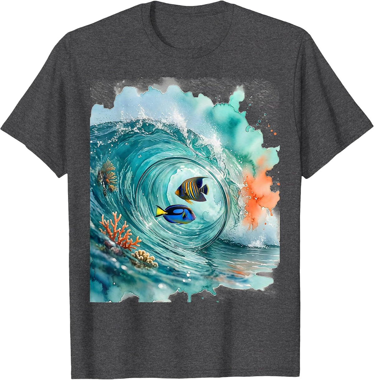 Tropical Fish Wave Curl Aloha Graphic Tee T-Shirt - Dark Heather Grey