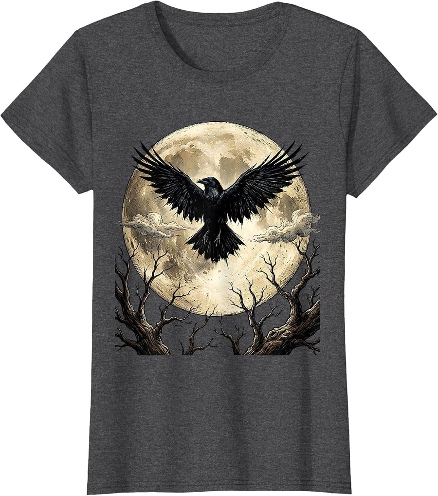 Women's Raven Silhouette Full Moon Edgar Allan Poe T-Shirt - Dark Heather Grey