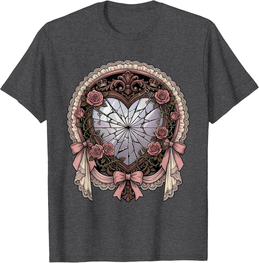 Men's Cracked Heart Mirror Climbing Roses Gothic Romance T-Shirt - Dark Heather Grey