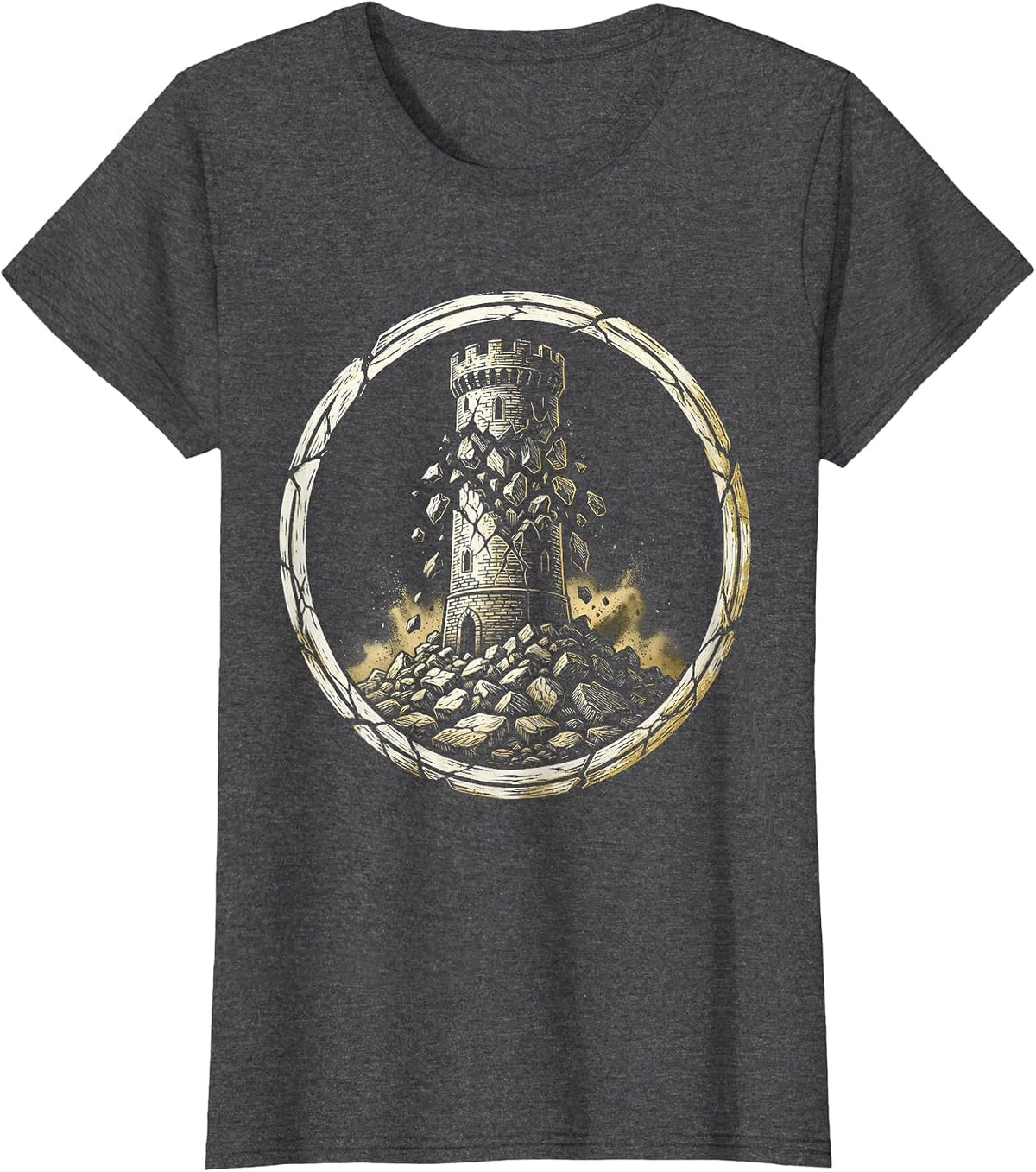 Women's Golden Tower Crumbling Into Dust Illustration T-Shirt - Dark Heather Grey
