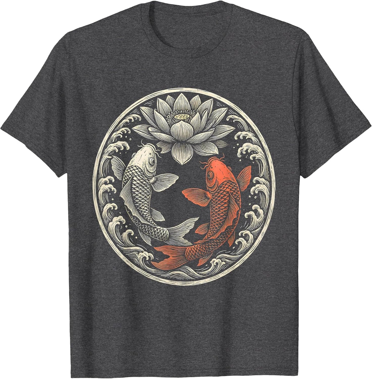 Men's Koi Fish Lily Pad Bloom Aloha Design T-Shirt - Dark Heather Grey