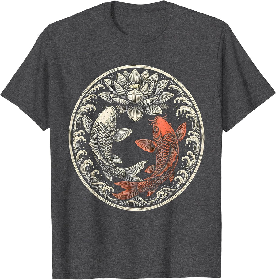 Men's Koi Fish Lily Pad Bloom Aloha Design T-Shirt - Dark Heather Grey