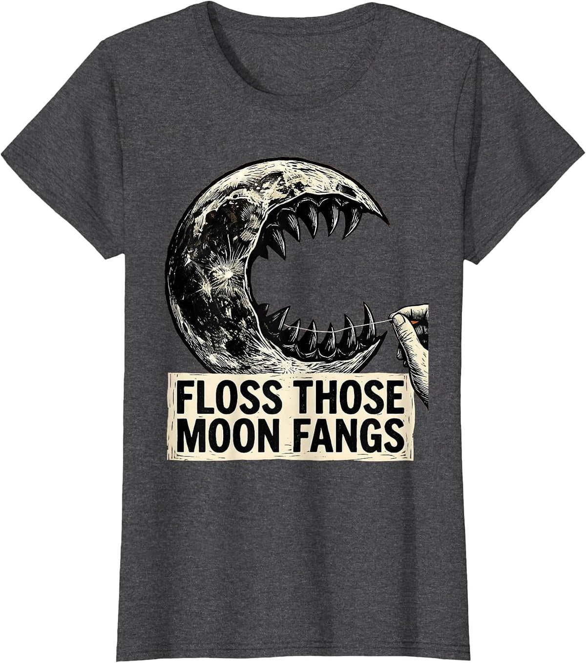 Women's Floss Those Moon Fangs Linocut Halloween Dental Hygienist T-Shirt - Dark Heather Grey