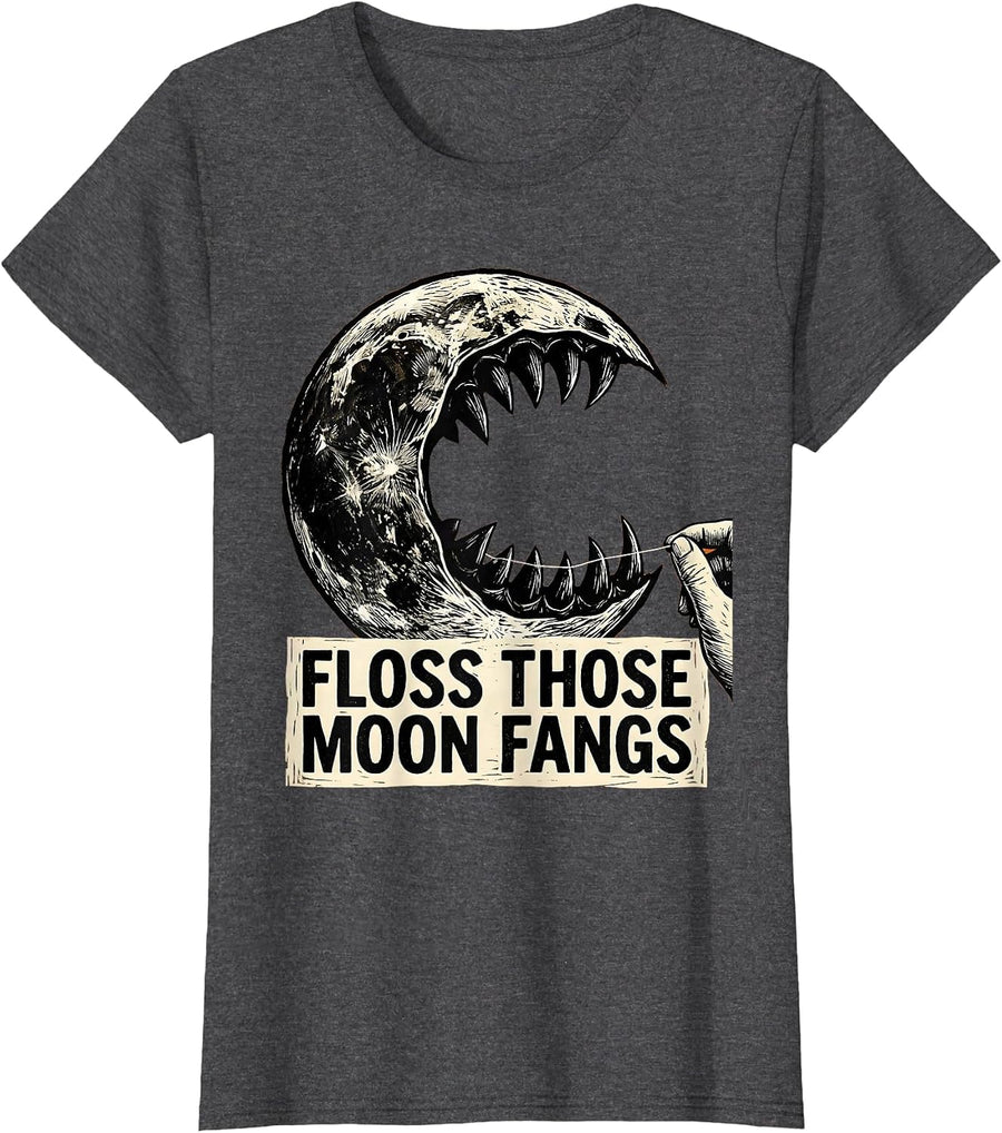Women's Floss Those Moon Fangs Linocut Halloween Dental Hygienist T-Shirt - Dark Heather Grey