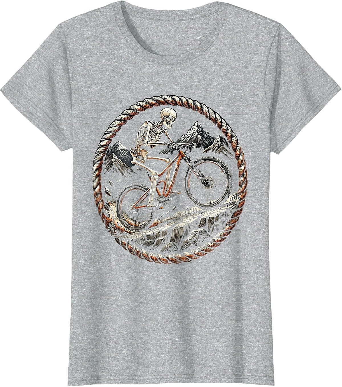 Mountain Biker Skeleton Shredding Rocky Descent T-Shirt - Heather Grey