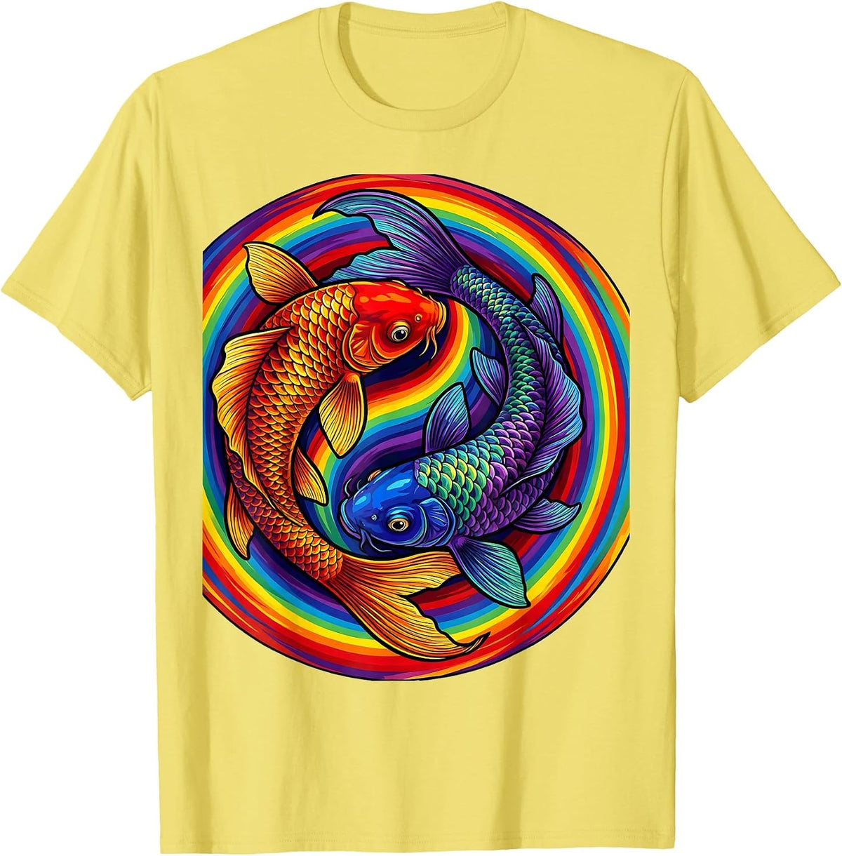 Men's Koi Fish Yin-Yang Pride Harmony Design T-Shirt - Lemon Yellow
