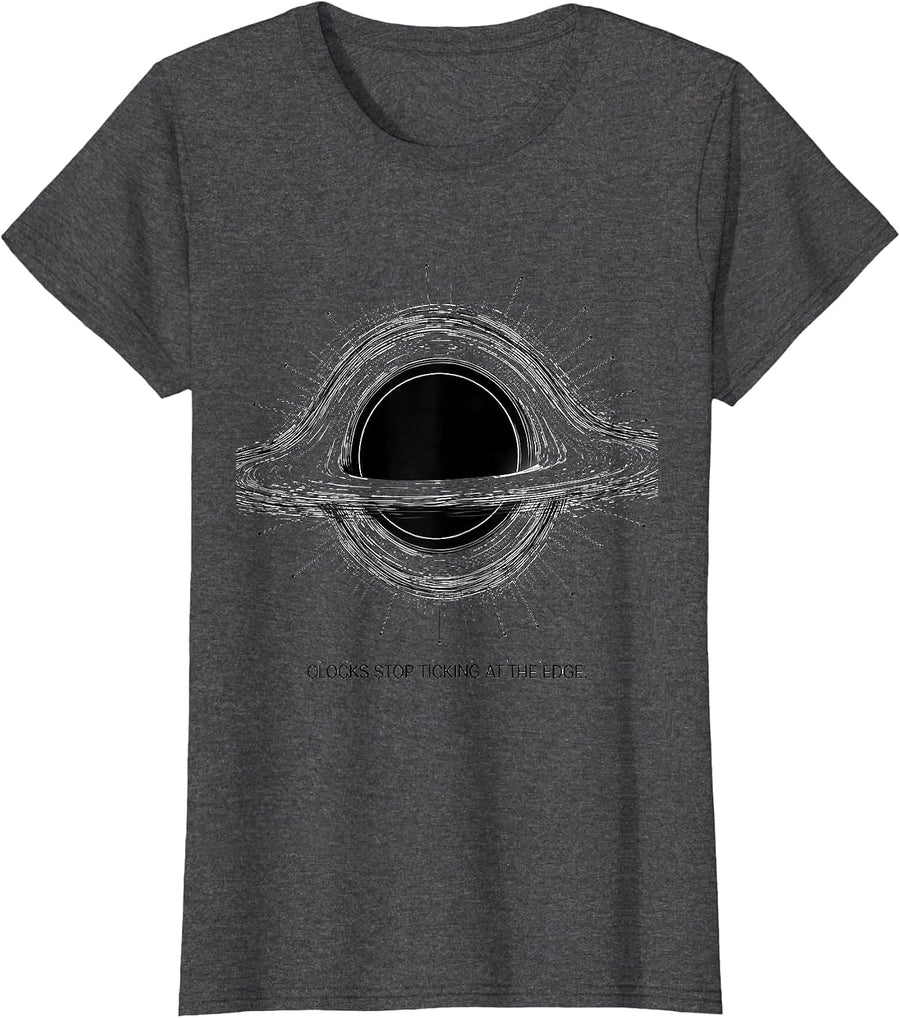 Women's Clocks Stop Ticking At The Edge Line Art Astrophysics T-Shirt - Dark Heather Grey