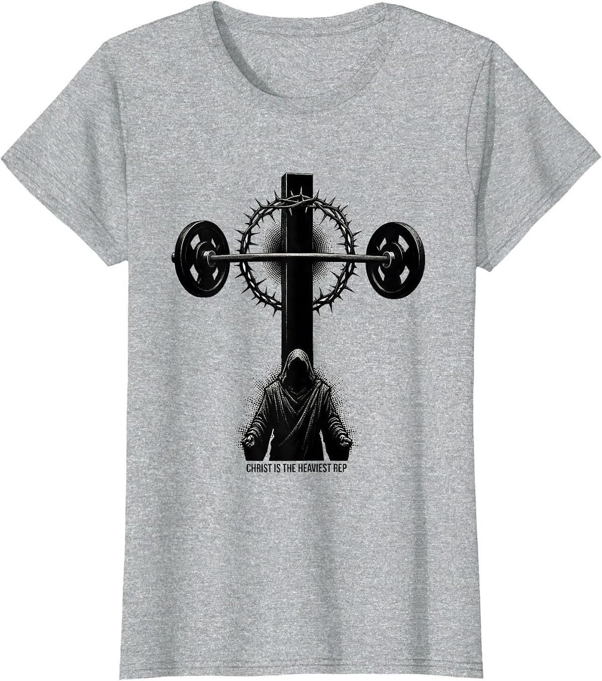 Women's Christ Is The Heaviest Rep Blackwork Dotwork Christian Gym T-Shirt - Heather Grey