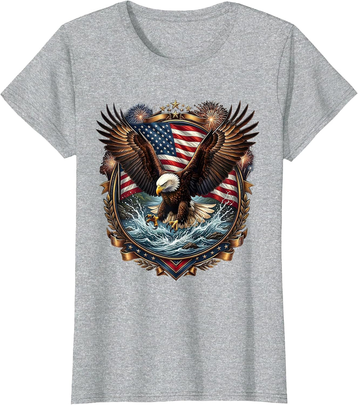 Women's Bald Eagle Wings Spread River Patriotic Design T-Shirt - Heather Grey