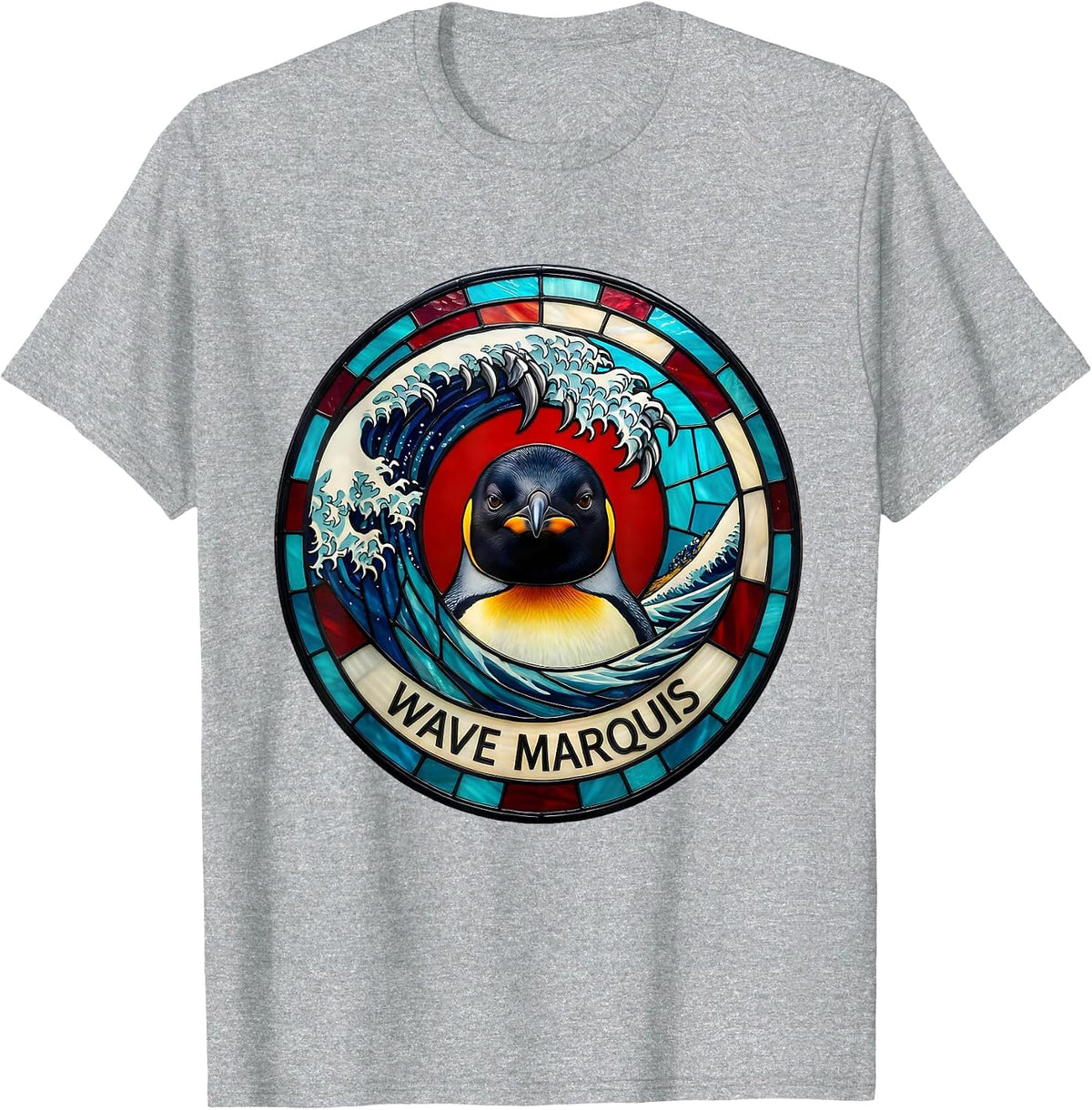 Men's Penguin, Wave Marquis Stained Glass Mosaic Animal Lover T-Shirt - Heather Grey