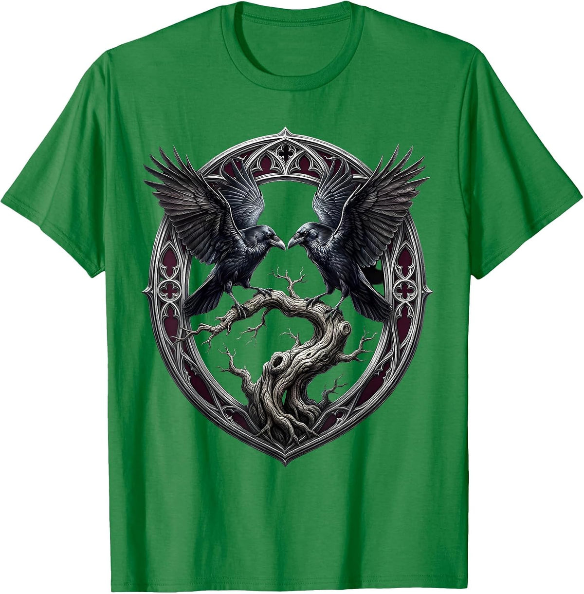 Men's Crow and Raven Face-Off on Branch Illustration T-Shirt - Kelly Green