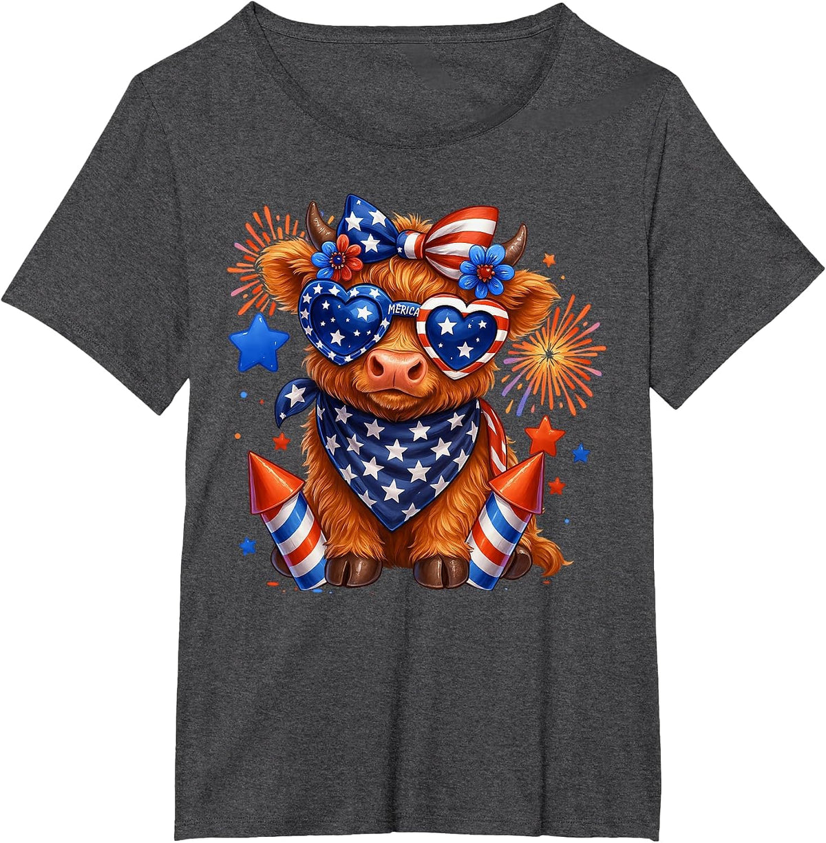 Cute Highland Cow 4th of July USA Flag Patriotic Cow Farmer T-Shirt - Dark Heather Grey