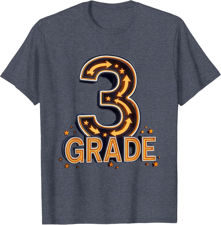 Third Grade Oversized Open-Outlined Typography Back to T-Shirt - Heather Blue