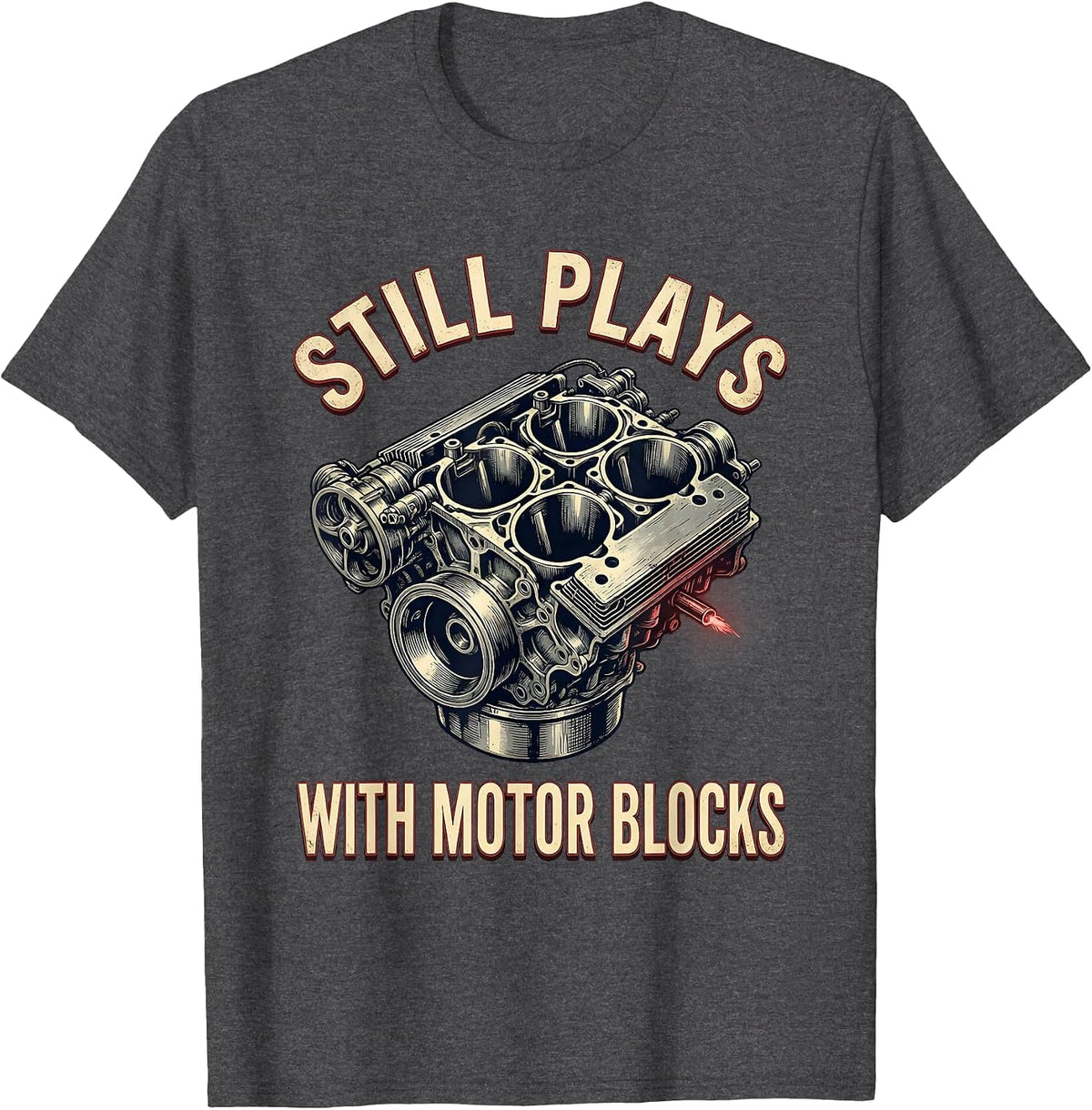 Men's Still Plays With Motor Blocks Vintage Mechanic Auto T-Shirt - Dark Heather Grey