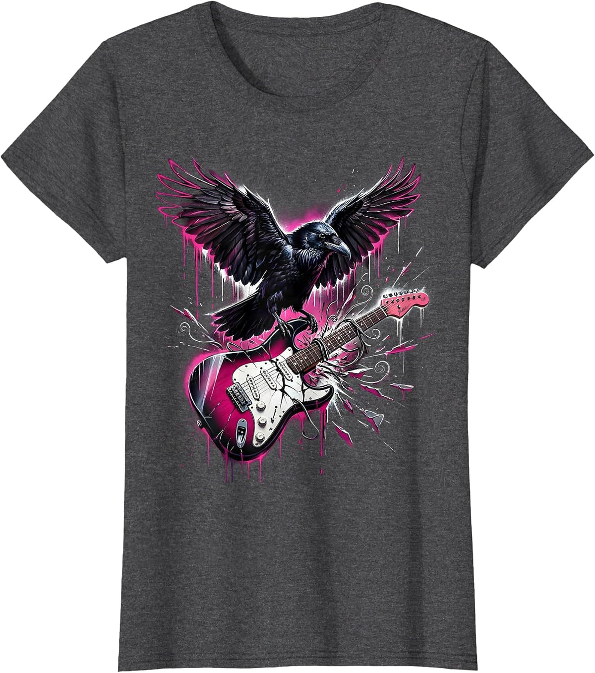 Women's Raven on Broken Guitar Strings Rock Art Design T-Shirt - Dark Heather Grey
