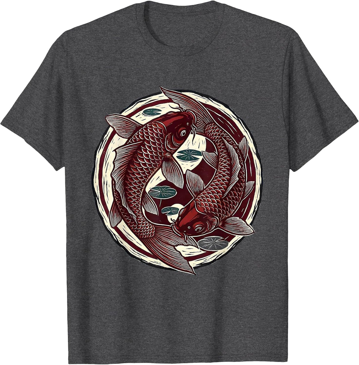 Koi Fish Circling Round Pond Illustration T-Shirt - Dark Heather Grey