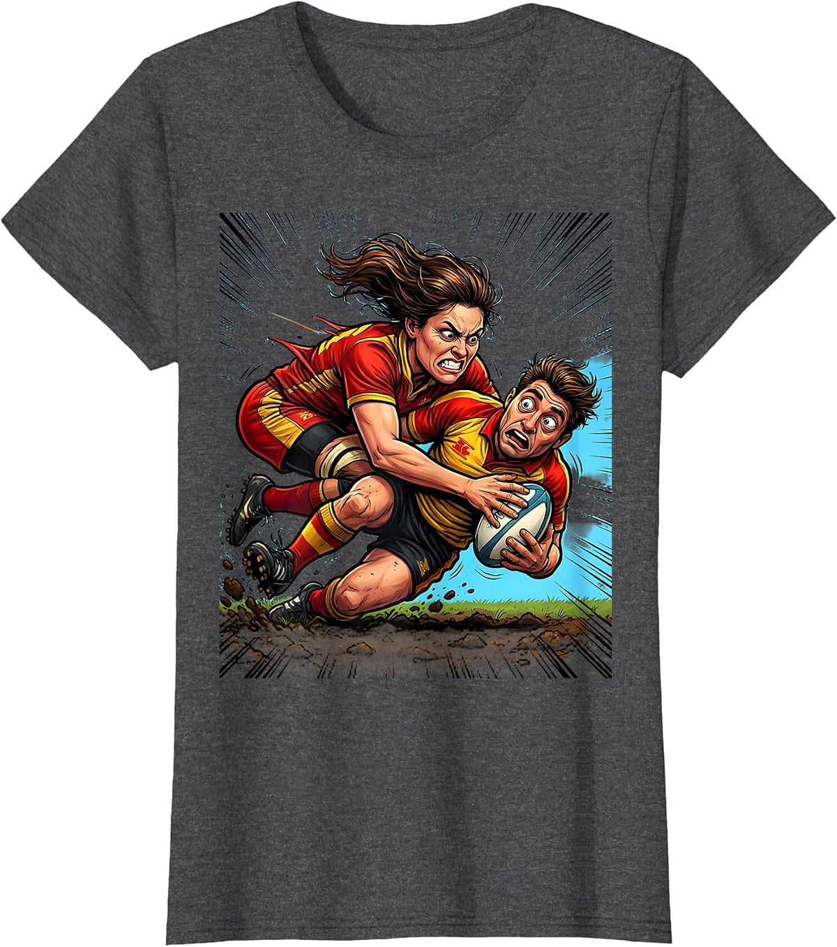 Women's Rugby Tackle Illustration Graphic Design T-Shirt - Dark Heather Grey