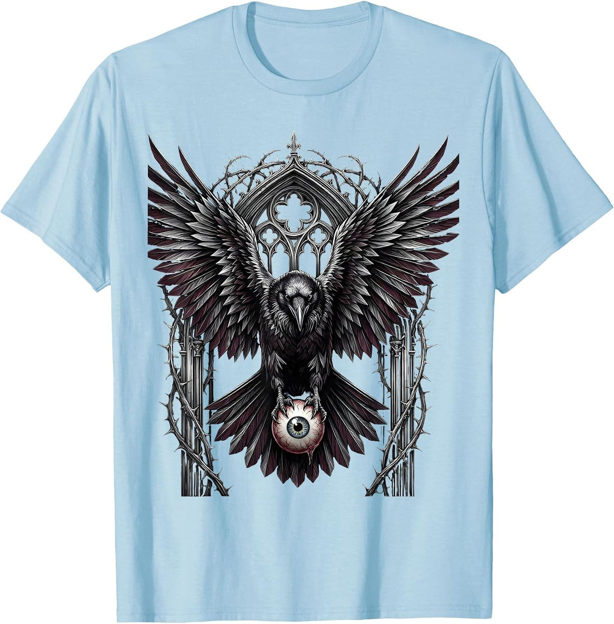 Men's Raven With Eyeball Spooky Gothic Bird Design T-Shirt - Baby Blue