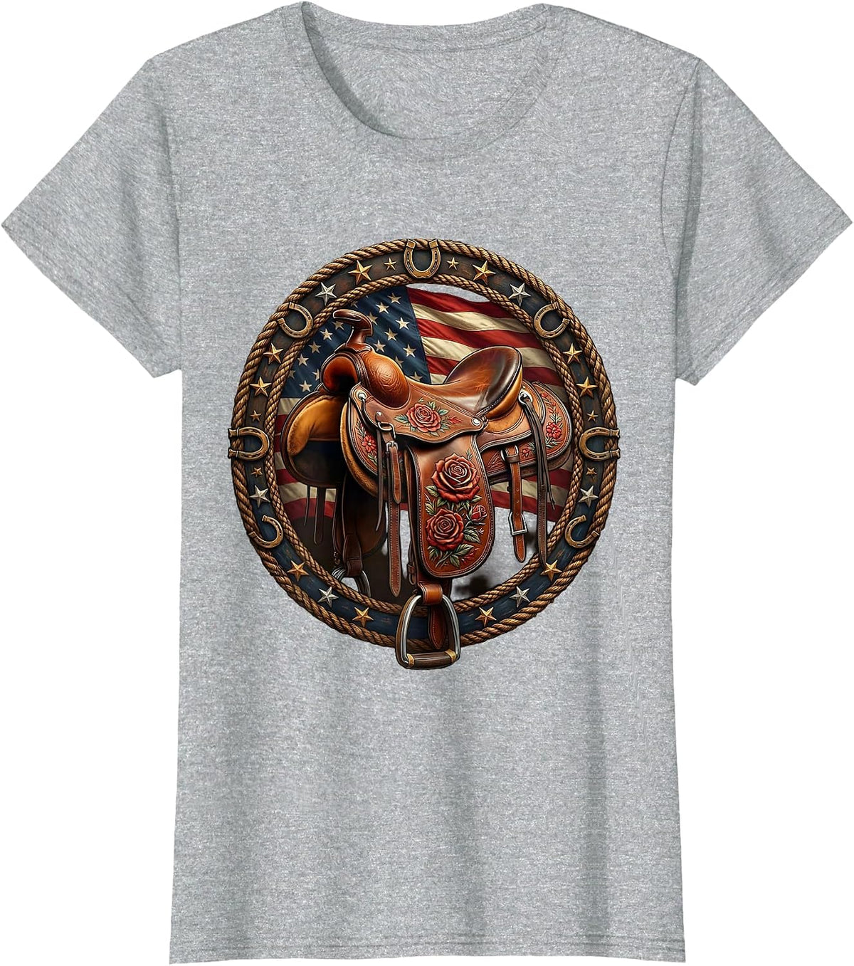 Women's Floral Stitched Leather Saddle Cowgirl Design T-Shirt - Heather Grey