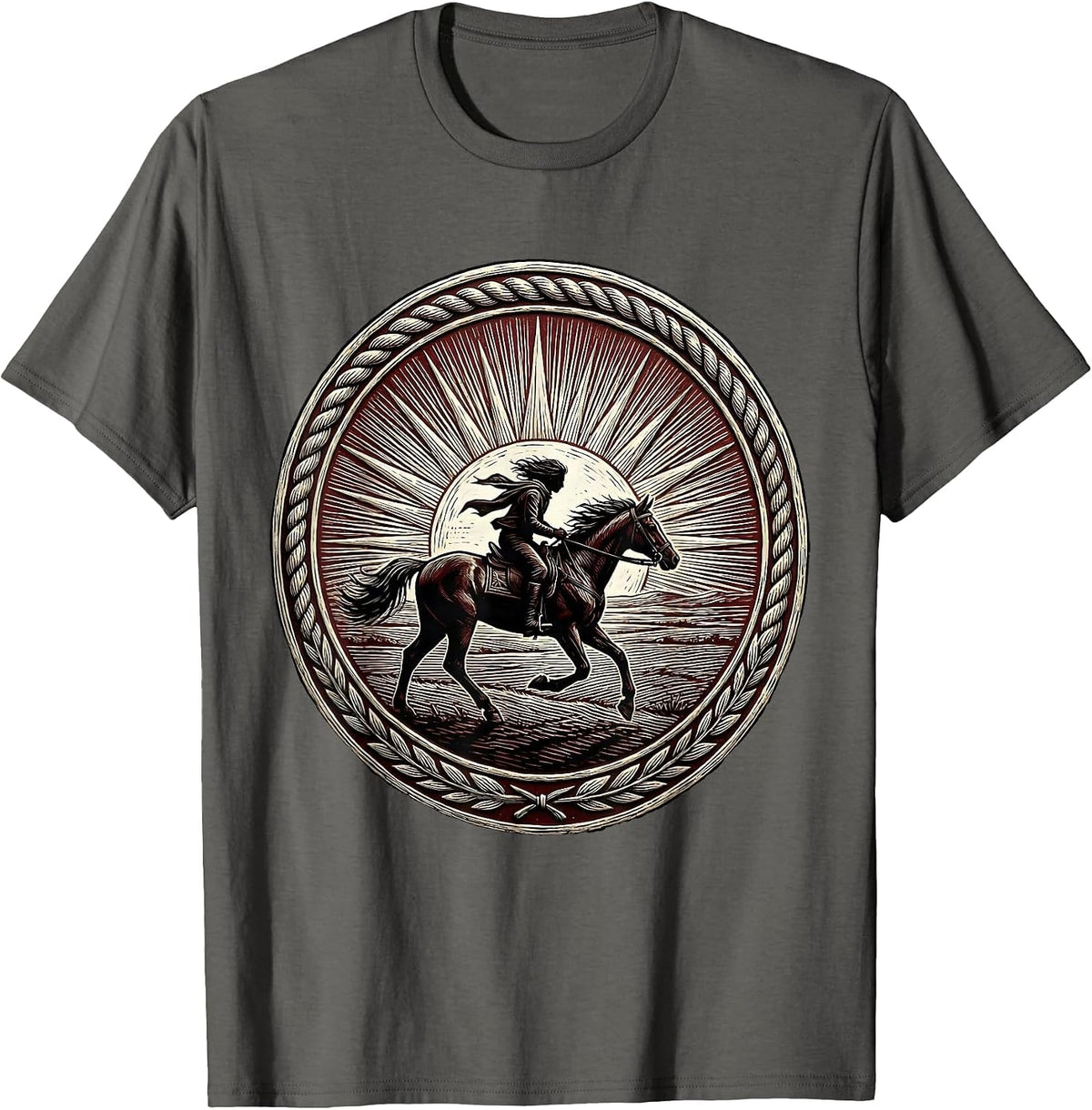 Red Freedom Lone Rider Horseback Sunset Design T-Shirt - Asphalt Grey