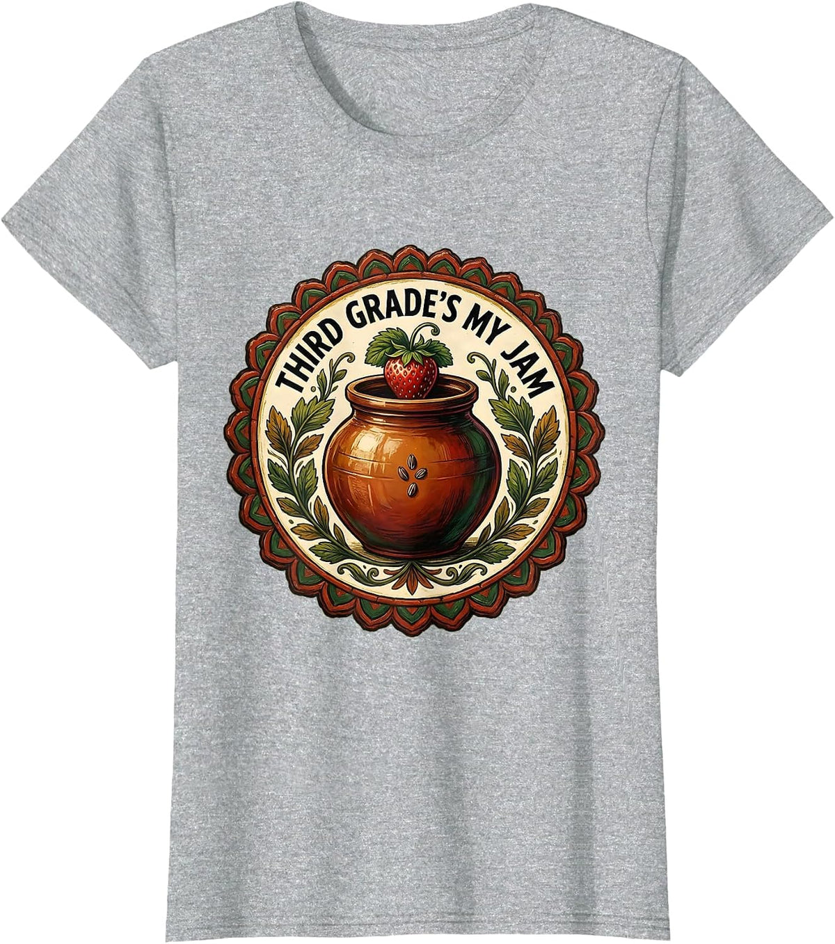 Third Grade's My Jam Folk Art Strawberry Back To School T-Shirt - Heather Grey