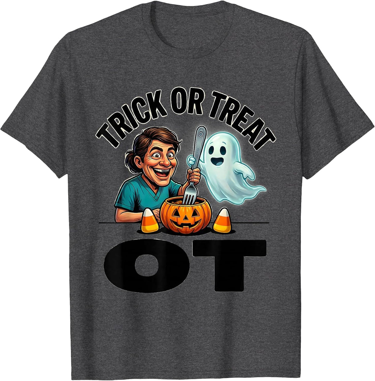 Trick Or Treat OT Cartoon Occupational Therapist Halloween T-Shirt - Dark Heather Grey