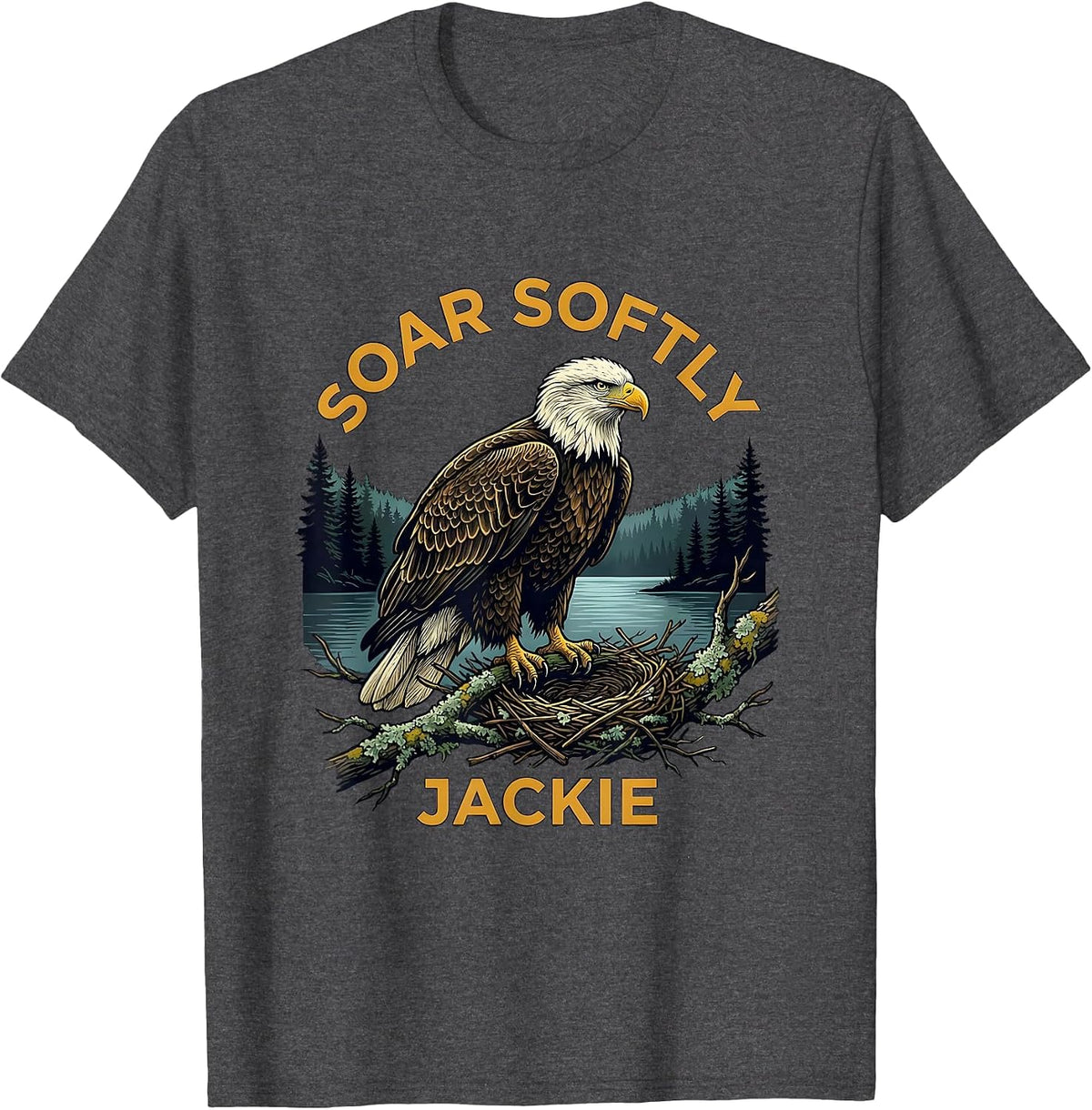 Men's Soar Softly Jackie Memorial Bald Eagle Nature Lover Tribute T-Shirt - Dark Heather Grey