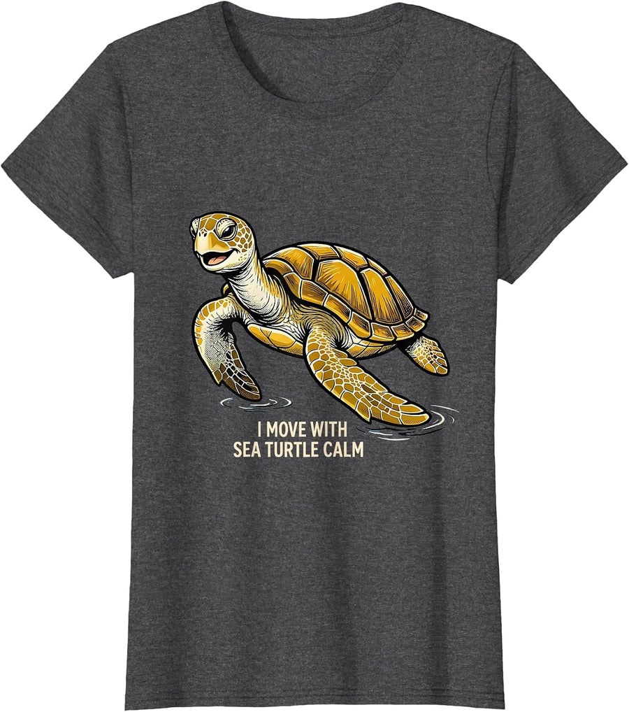 Women's I Move With Sea Turtle Calm Retro Cartoon Sea Turtle Lover T-Shirt - Dark Heather Grey