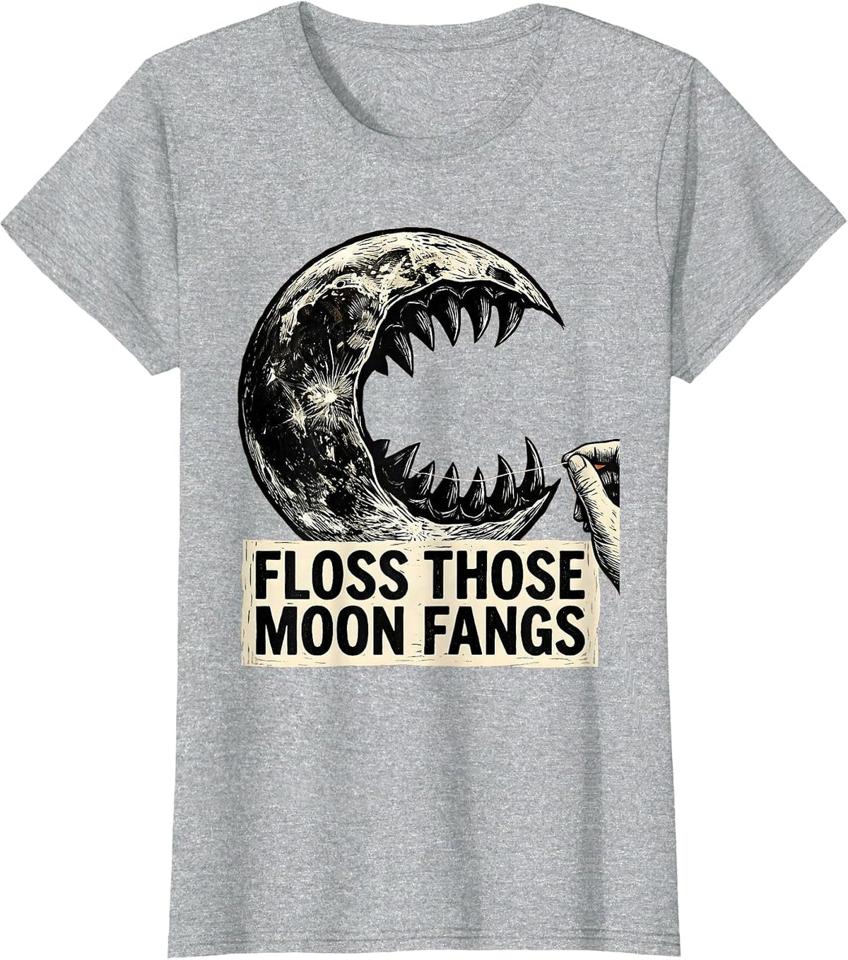 Women's Floss Those Moon Fangs Linocut Halloween Dental Hygienist T-Shirt - Heather Grey