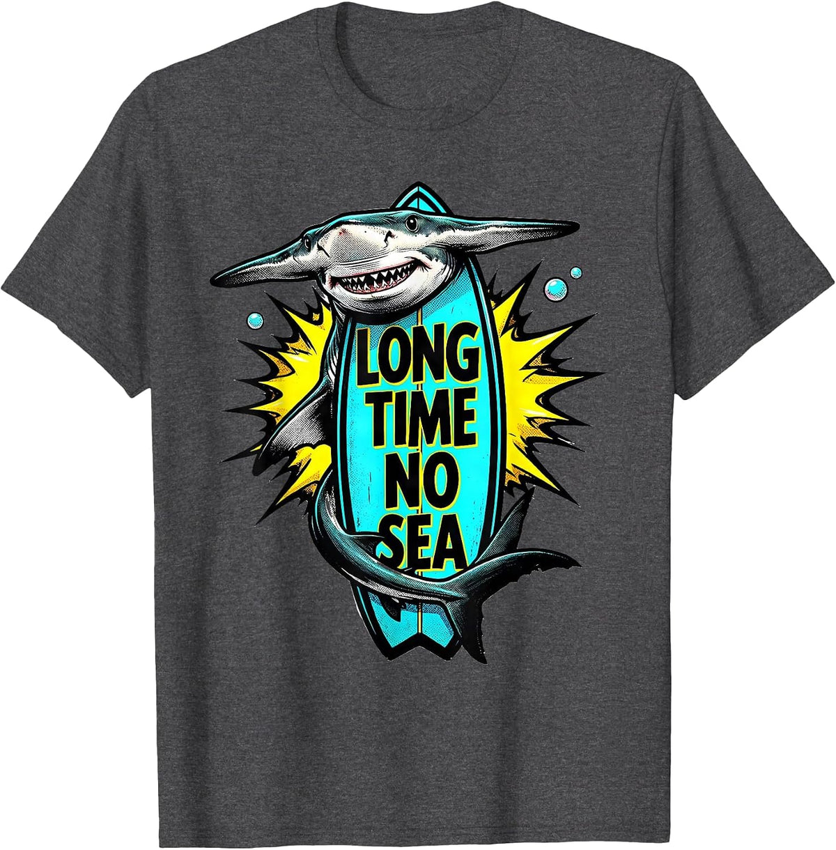 Men's Long Time No Sea Pop Art Shark Lover Humor Ocean Wildlife T-Shirt - Dark Heather Grey