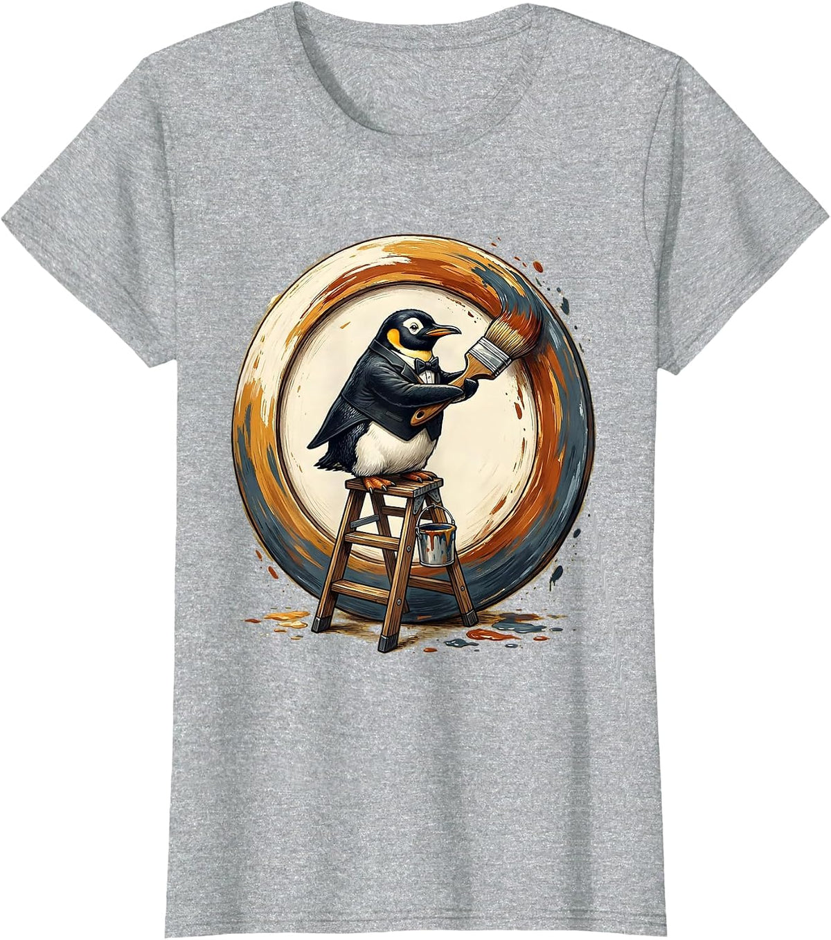 Penguin Painter Mural Art Illustration T-Shirt - Heather Grey