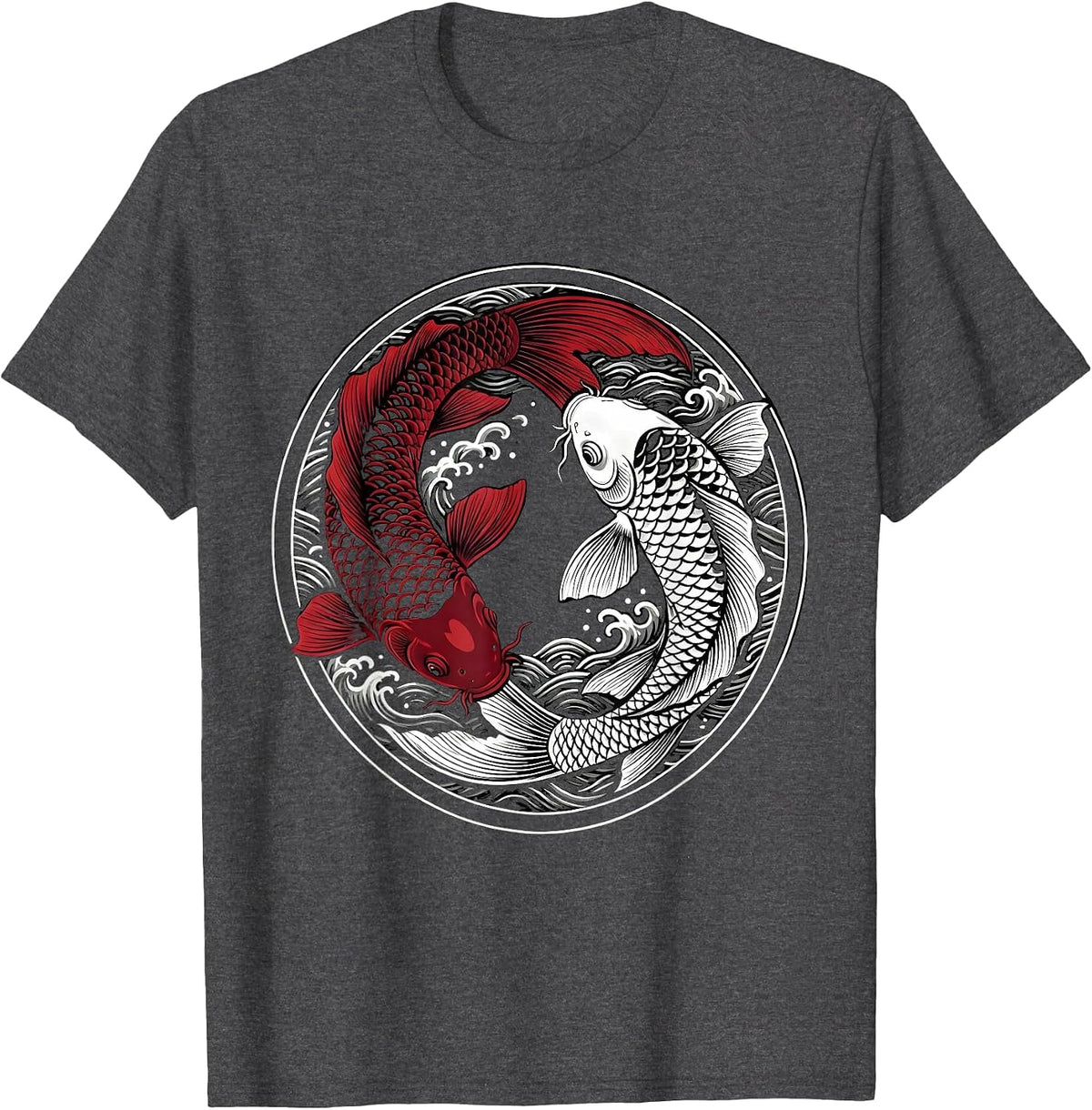 Twin Koi Fish Yin Yang Balance Graphic T-Shirt - Dark Heather Grey