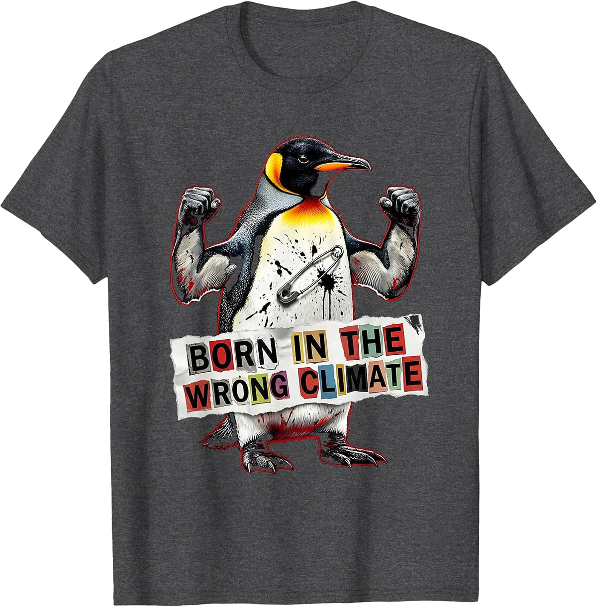 Men's Born in the Wrong Climate Penguin Design T-Shirt - Dark Heather Grey