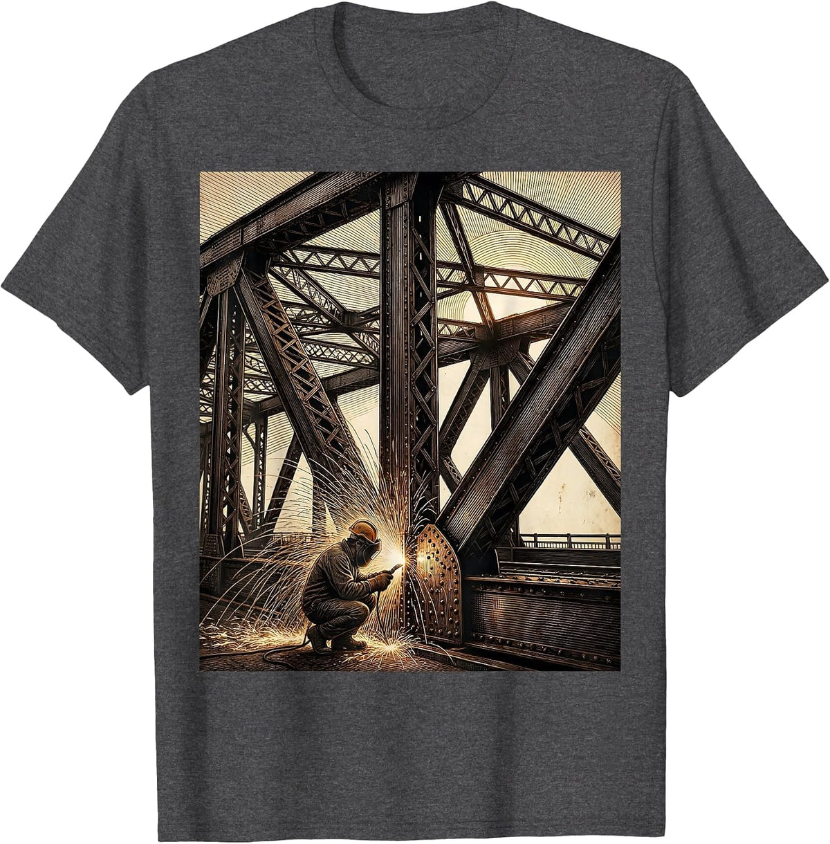 Steel Bridge Welder Sunset Graphic Tee T-Shirt - Dark Heather Grey
