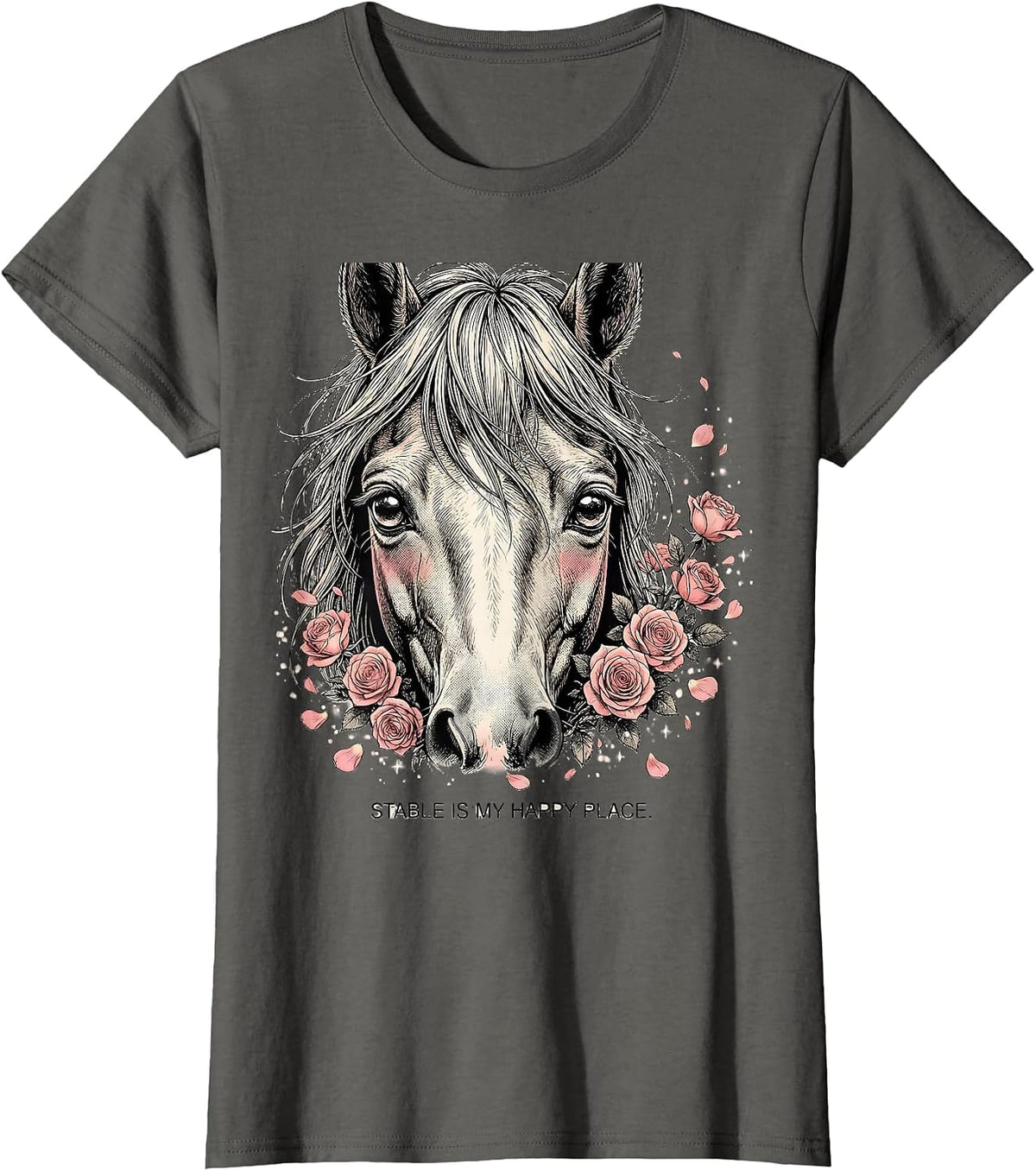 Women's Stable Is My Happy Place Horse Lover Design T-Shirt - Asphalt Grey