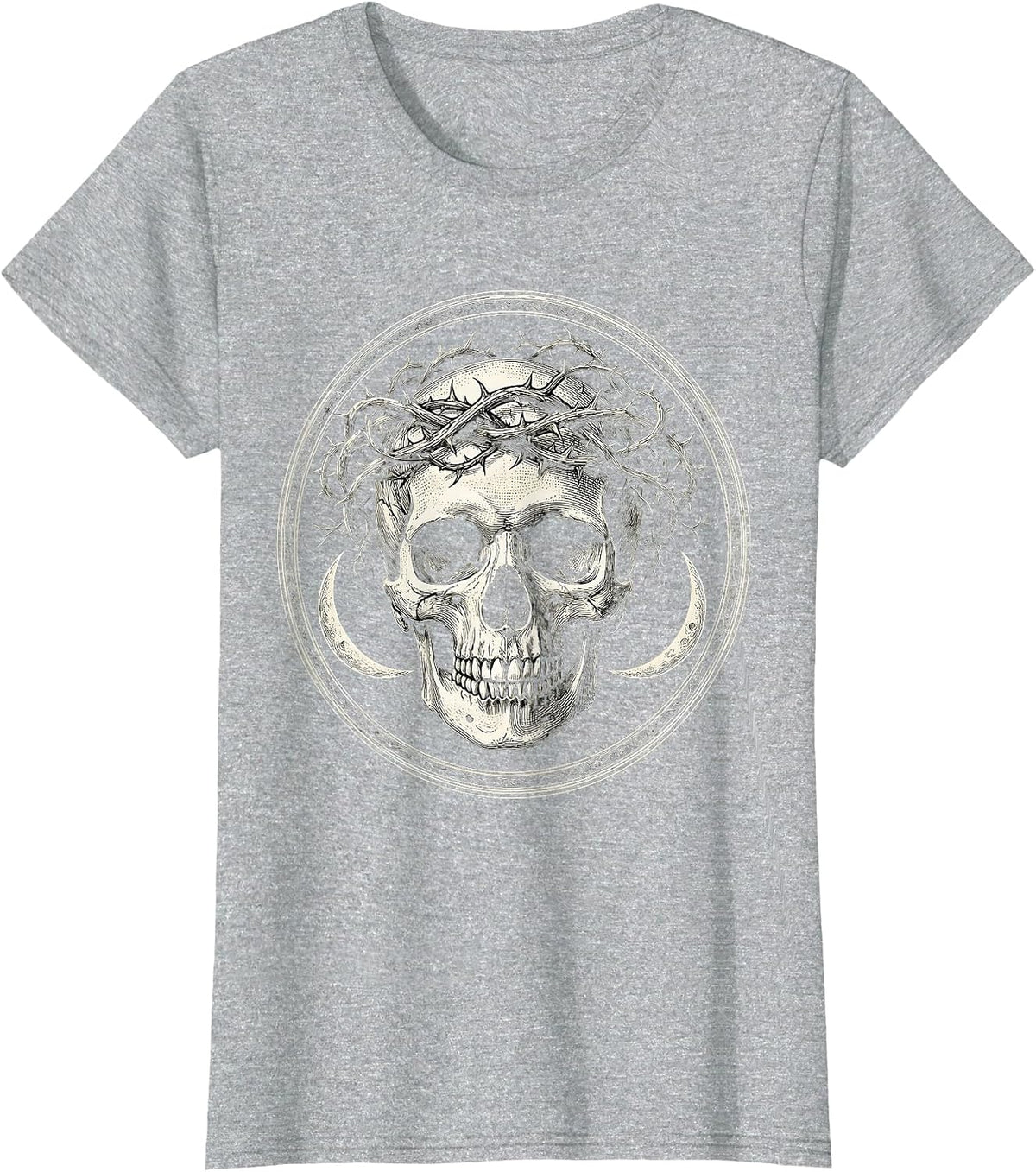 Skull Crowned With Dead Thorny Vines Gothic Art T-Shirt - Heather Grey