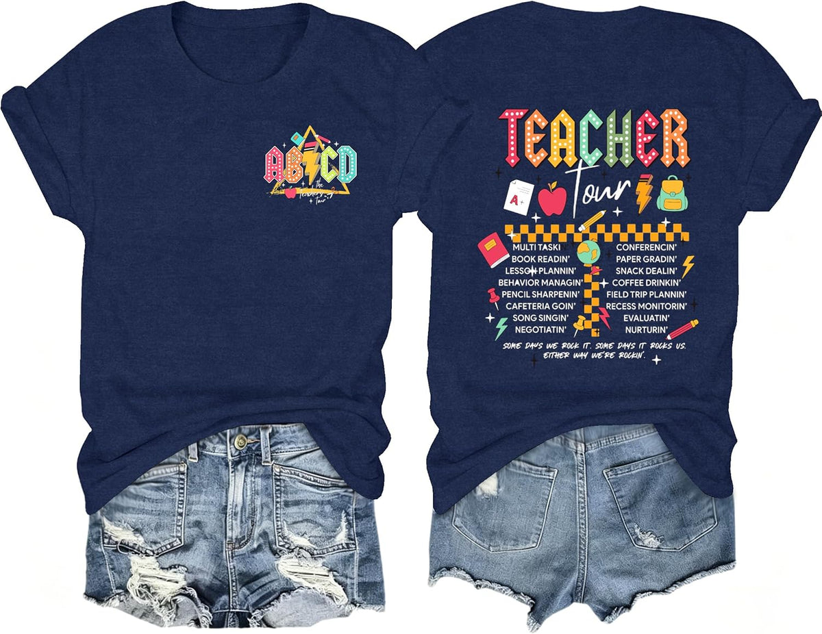 Teacher Shirts for Women ABCD Teacher Tour Teaching Life Tee Tops - Blue